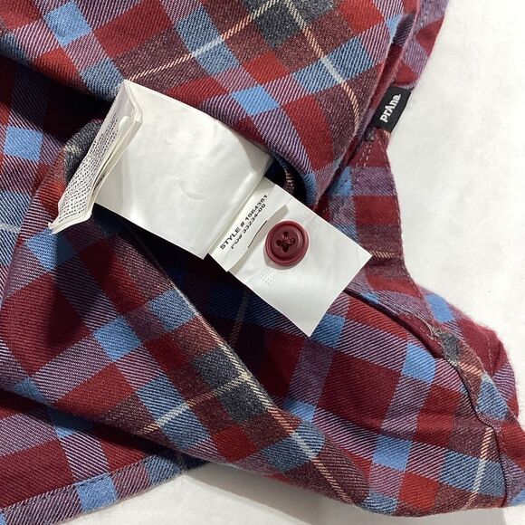 Prana Los Feliz Flannel Shirt Mens S Slim Fit Red Blue Plaid Rhubarb NWT - Picture 8 of 12